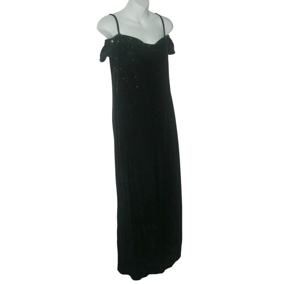Vintage 90s Robbie Bee Black Crushed Velvet Long Glitter Dress Cold Shoulder y2k - Picture 2 of 10